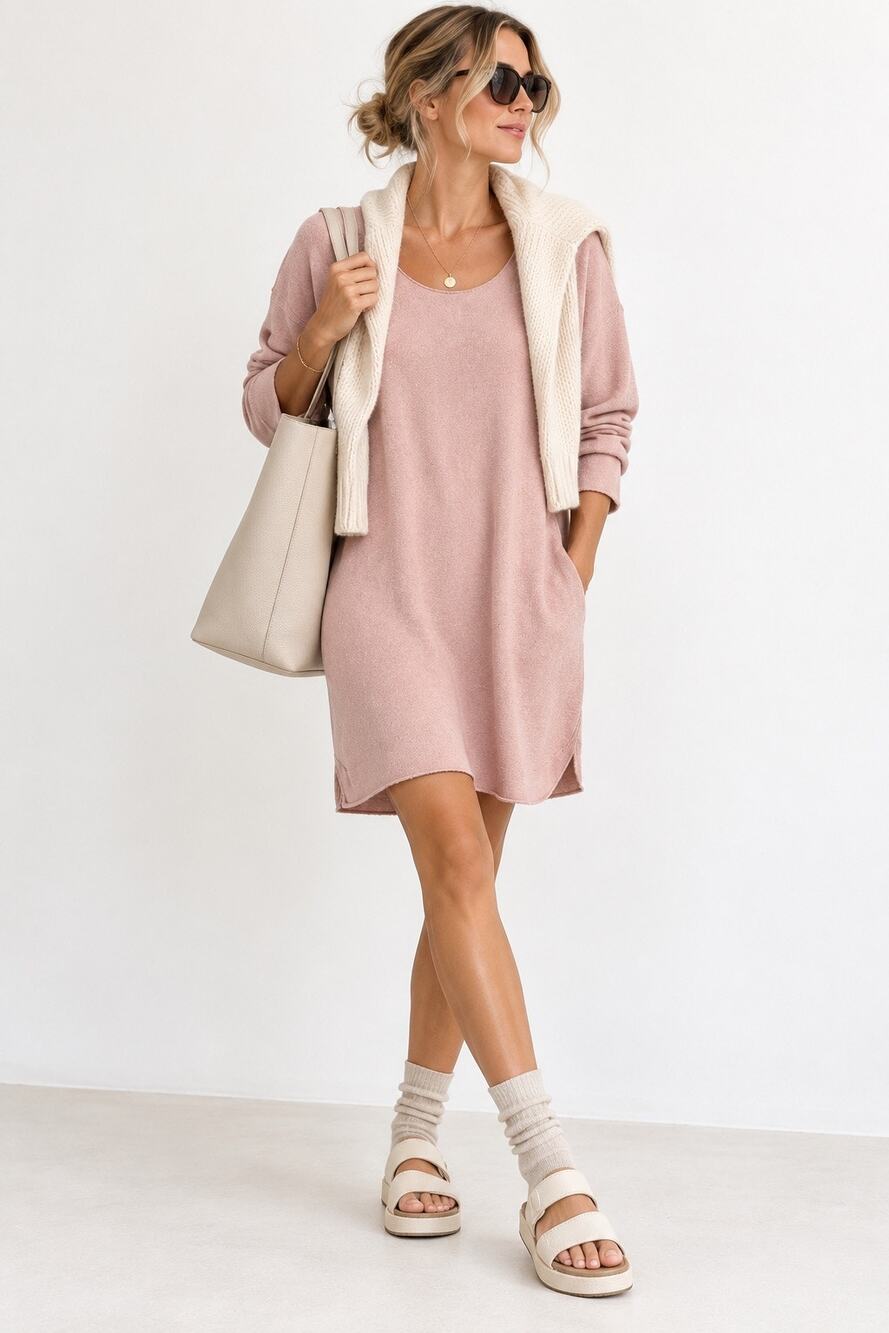 MONROW Dusty Pink Soft Knit Long Sleeve Dress Size L Cozy Minimalist ScandiStyle